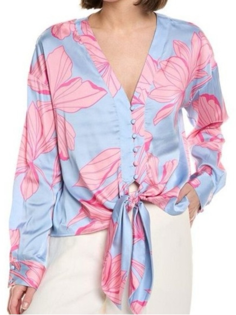 Anthropologie Hutch Blue Floral Tie-Front Blouse with Pink Blooms